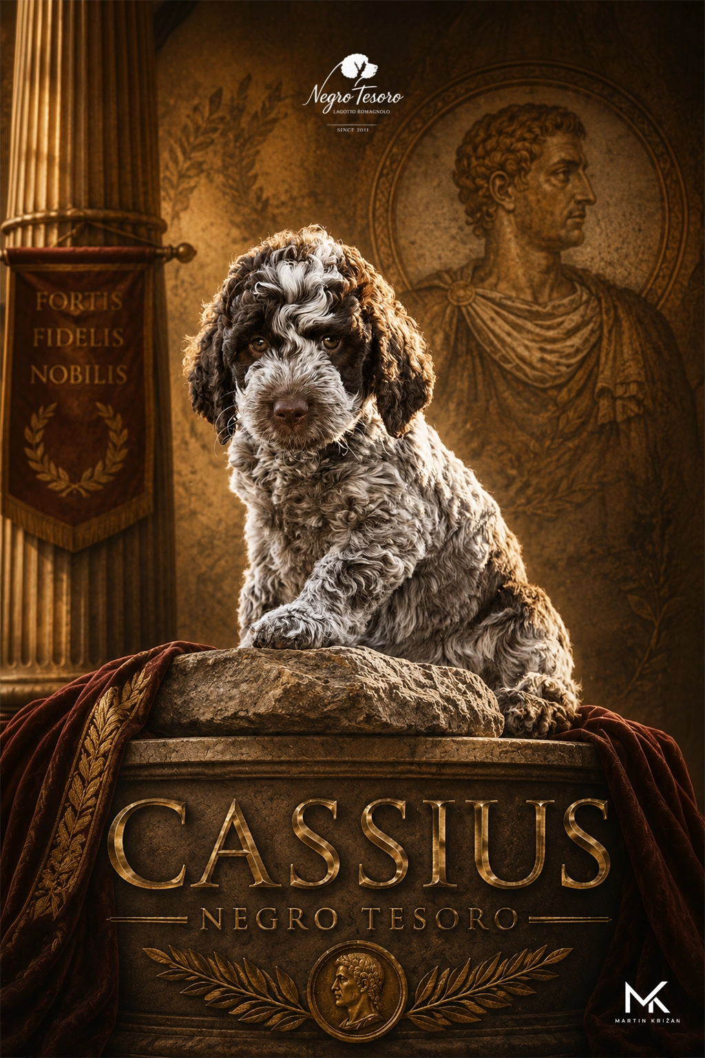 Plagát šteniatka Lagotto Romagnolo Cassius z Negro Tesoro v antickom interiéri | Lagotto Romagnolo puppy poster
