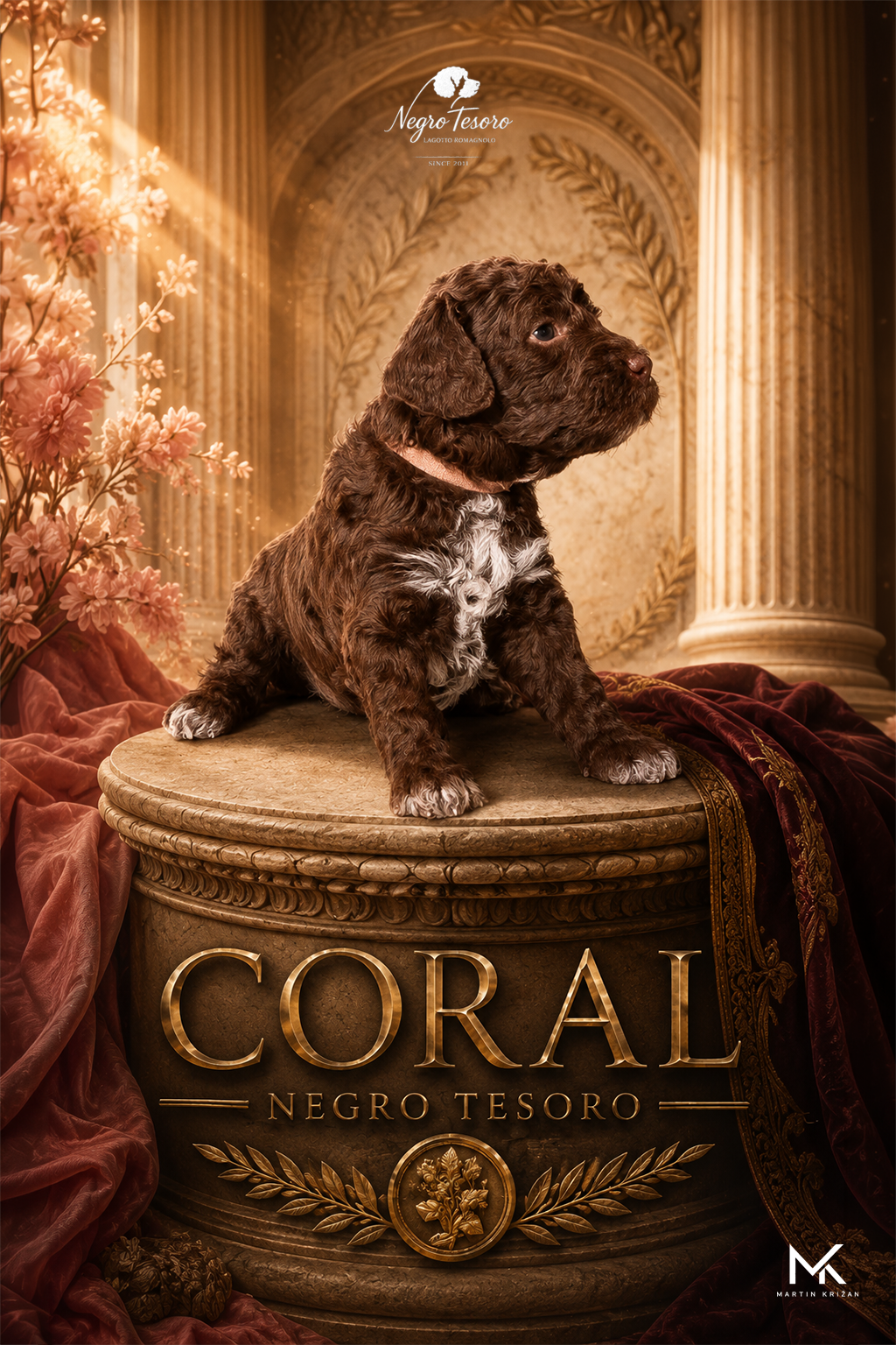 Plagát hnedého šteniatka Lagotto Romagnolo Coral z Negro Tesoro v teplom antickom vizuále | Lagotto Romagnolo puppy poster