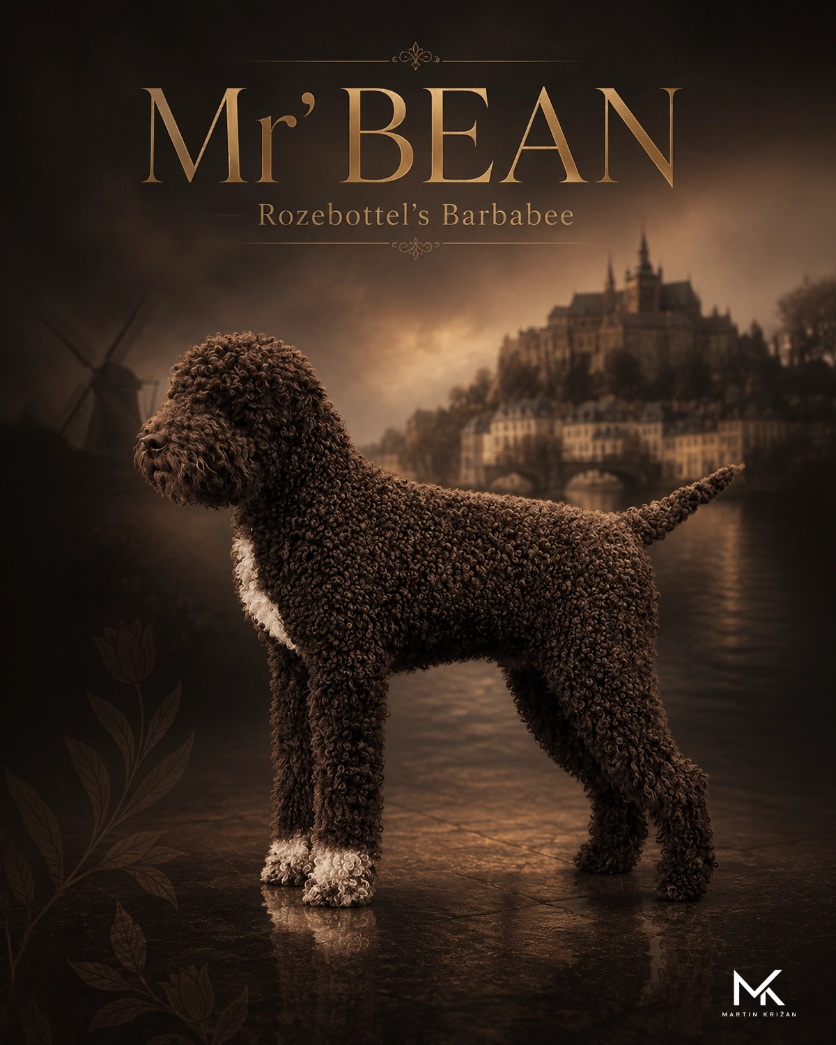 Plagát dospelého psa Lagotto Romagnolo Mr. Bean s tmavým mestským pozadím | adult Lagotto Romagnolo dog poster