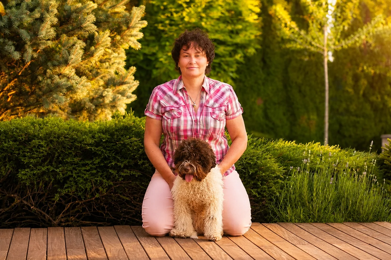 Monika Križanová, majiteľka chovateľskej stanice Negro Tesoro, so svojou fenou Melissa plemena Lagotto Romagnolo v záhrade | Lagotto Romagnolo breeder with dog