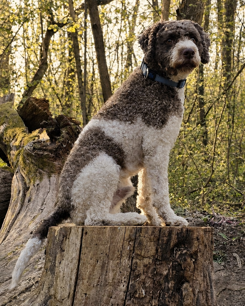 Plagát dospelej feny Lagotto Romagnolo Melissa dei Gioiosi Rubacuori v svetlom mestskom vizuále Negro Tesoro | adult Lagotto Romagnolo dog poster