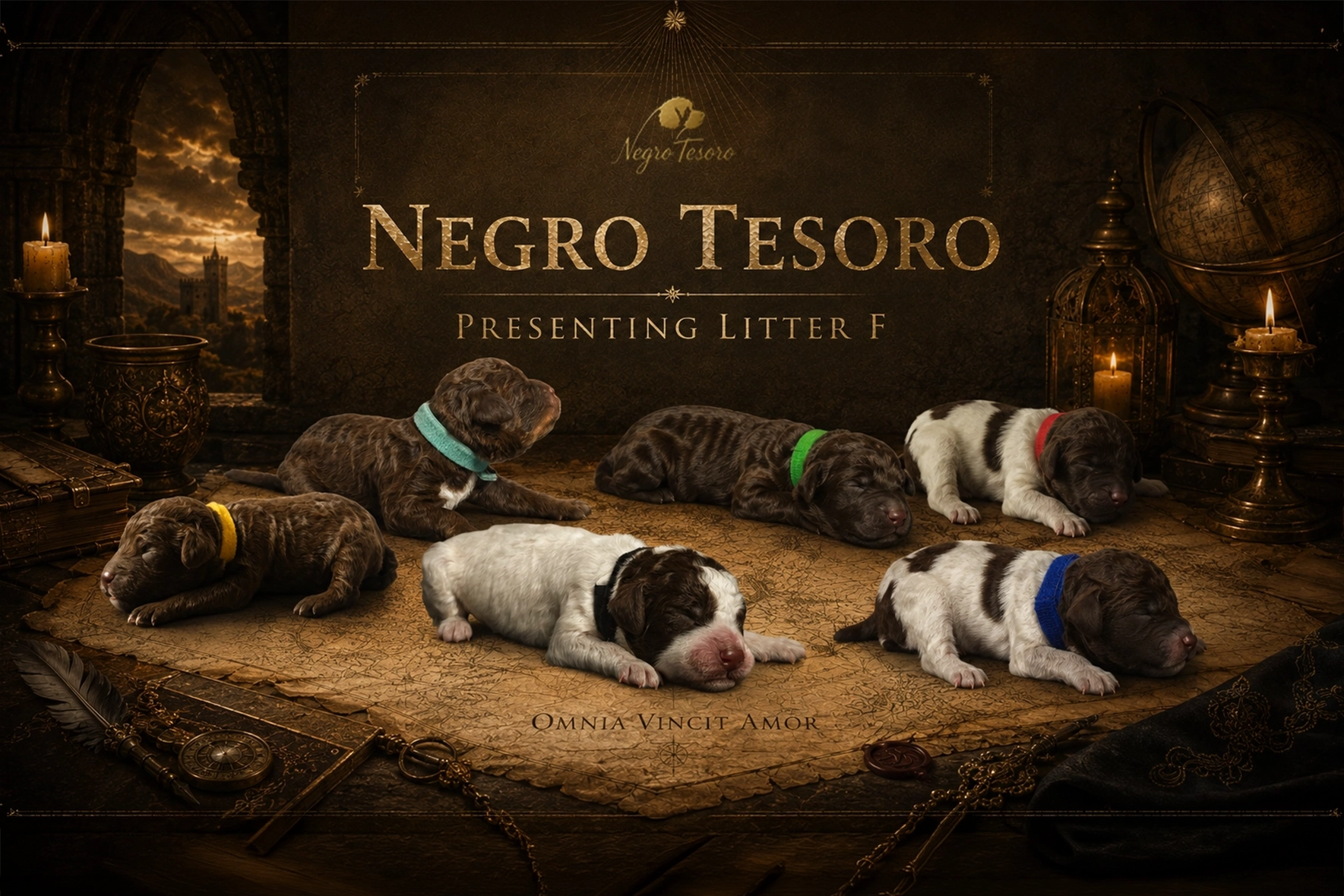 Negro Tesoro F litter – Lagotto Romagnolo Six one-day-old Lagotto Romagnolo puppies from the Negro Tesoro F litter lying together.